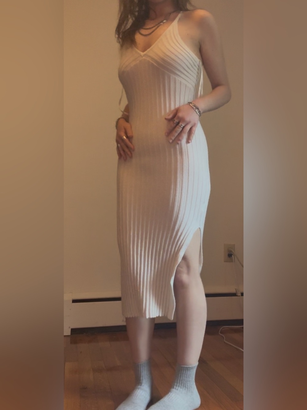 Indikah - Cream Ribbed V-Neck Midi Slip Dress with Side Slit - Size Med/10